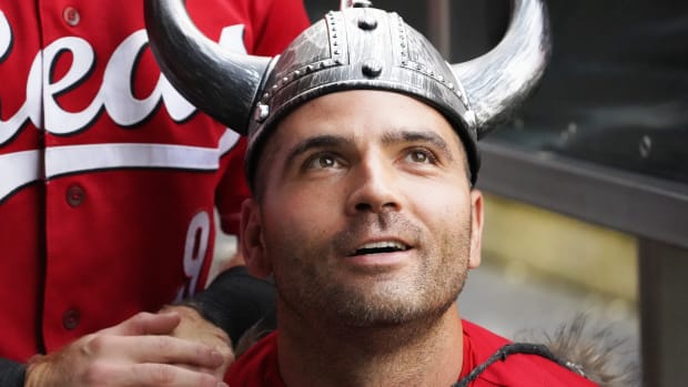 Aug 2, 2023; Chicago, Illinois, USA; Cincinnati Reds first baseman Joey Votto (19) celebrates his home run against the Chicago Cubs during the second inning at Wrigley Field. Mandatory Credit: David Banks-USA TODAY Sports  